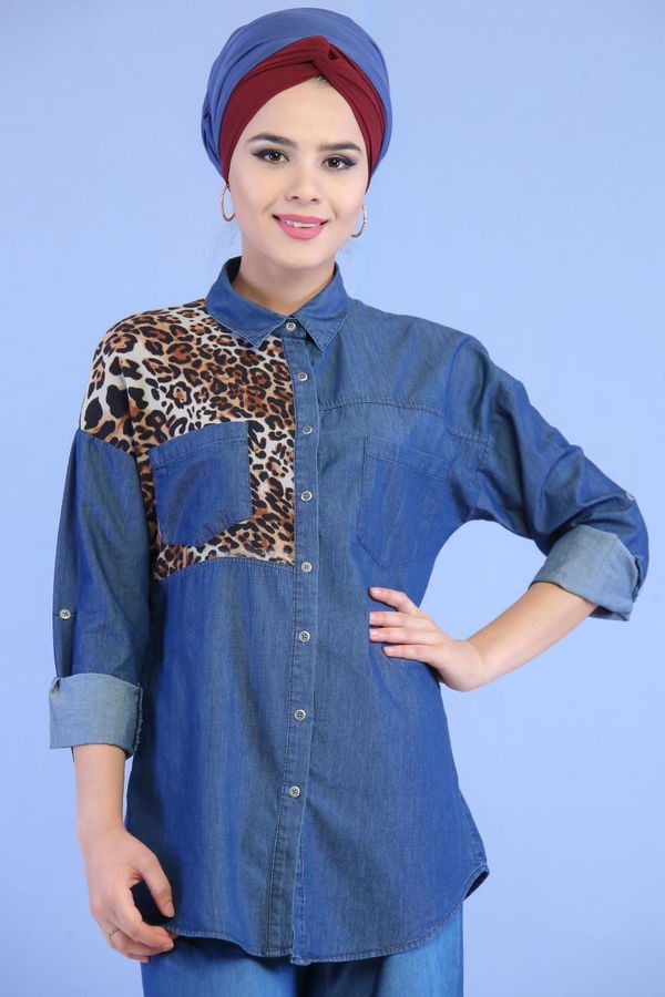 Düz Orta Kadın Lacivert Leopar Desen Kot Tunik Lacivert - 02 7032 - 7032