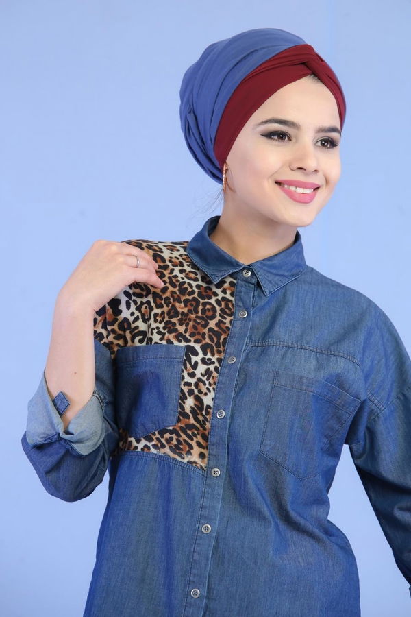 Düz Orta Kadın Lacivert Leopar Desen Kot Tunik Lacivert - 02 7032 - 7032