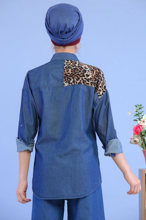 Düz Orta Kadın Lacivert Leopar Desen Kot Tunik Lacivert - 02 7032 - 7032