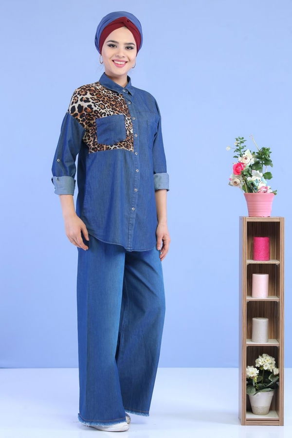 Düz Orta Kadın Lacivert Leopar Desen Kot Tunik Lacivert - 02 7032 - 7032