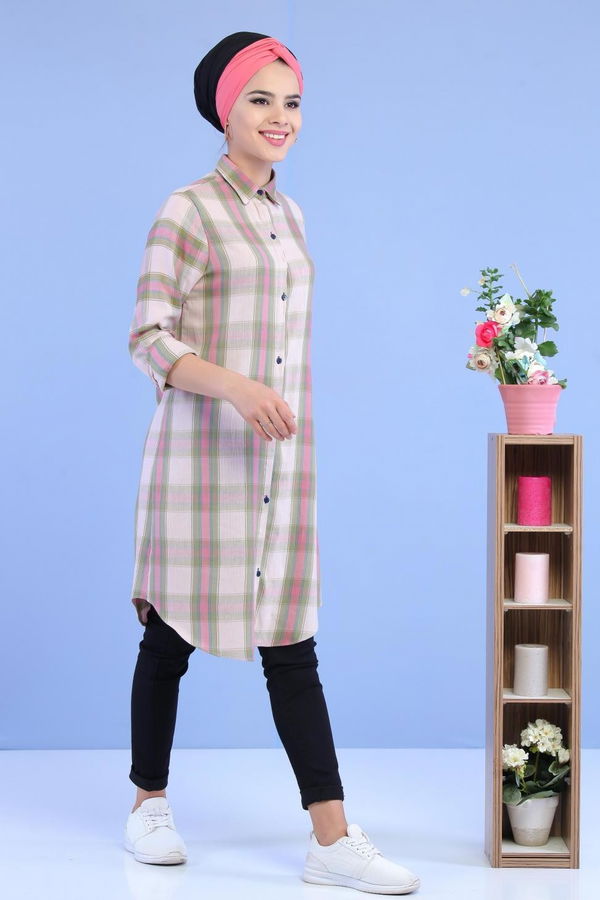 Düz Orta Kadın Yeşil Çizgili Tunik Yeşil - 02 7036 - 7036