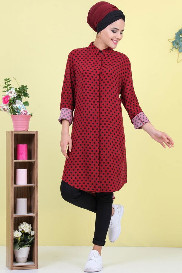Düz Orta Kadın Bordo Puantiyeli Tunik Bordo - 02 7040 - 7040