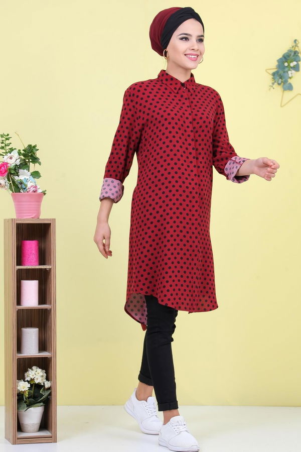 Düz Orta Kadın Bordo Puantiyeli Tunik Bordo - 02 7040 - 7040