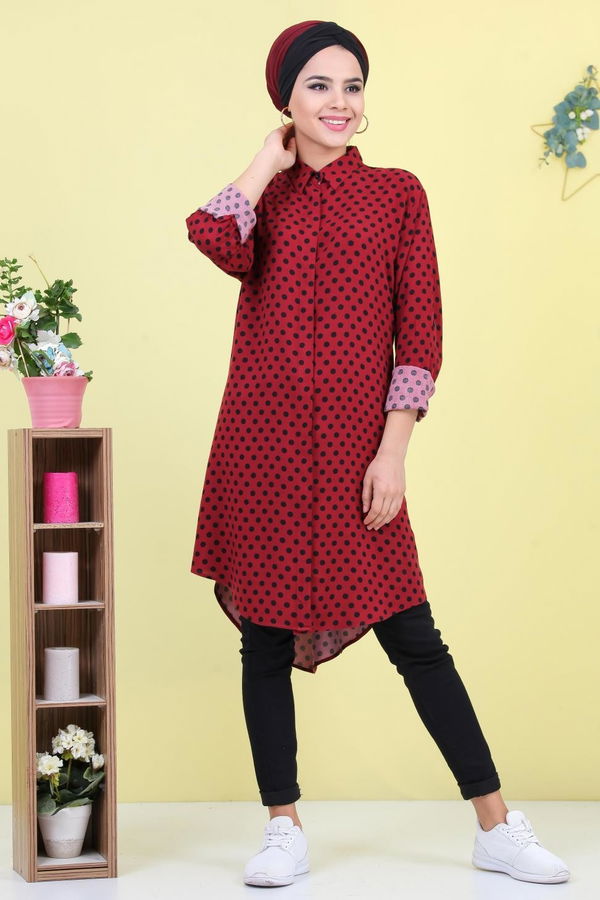 Düz Orta Kadın Bordo Puantiyeli Tunik Bordo - 02 7040 - 7040