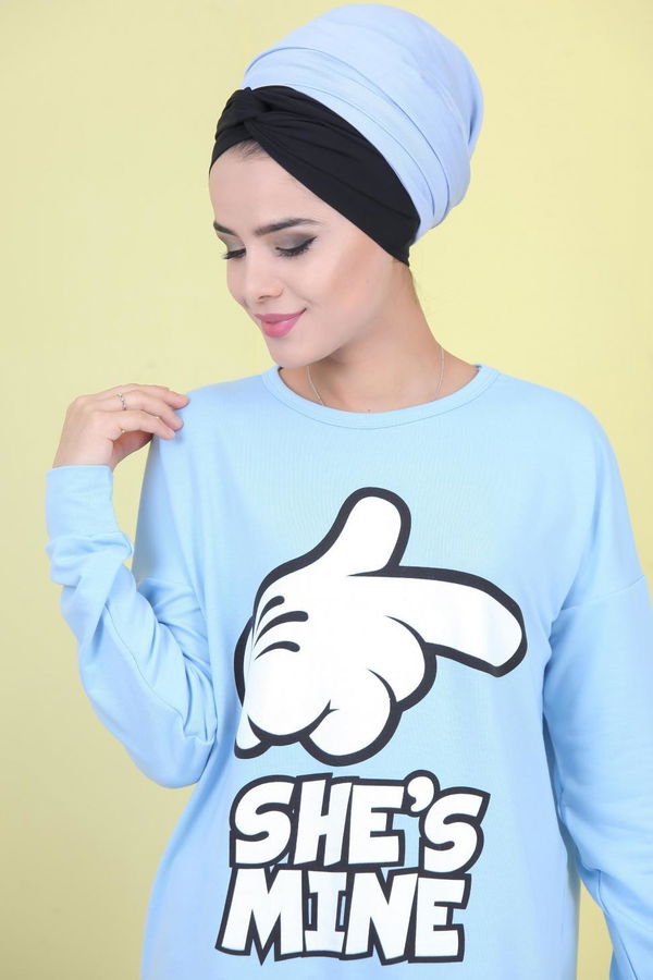Düz Orta Kadın Mavi Baskılı Tunik Siyah  - 5099