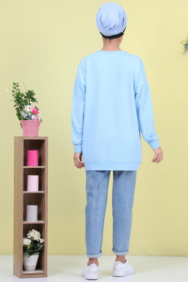 Düz Orta Kadın Mavi Baskılı Tunik Siyah  - 5099