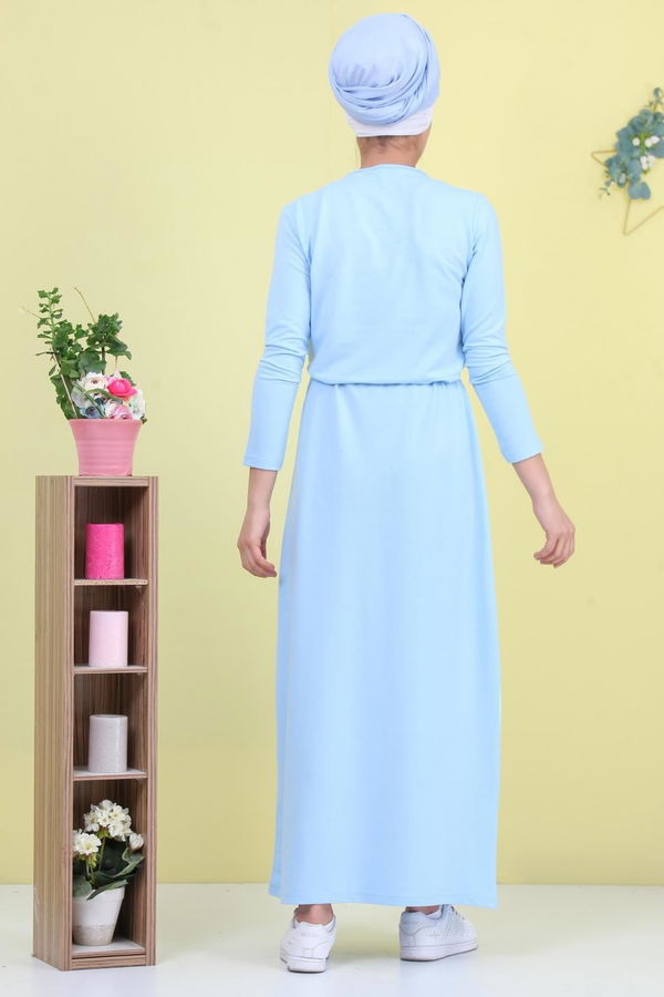 Düz Orta Kadın Mavi Baskılı Elbise Siyah  - 5124