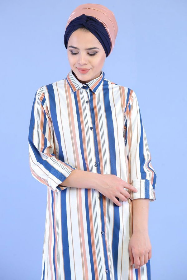 Düz Orta Kadın Mavi Çizgili Tunik Saks - 02 7057 - 7057