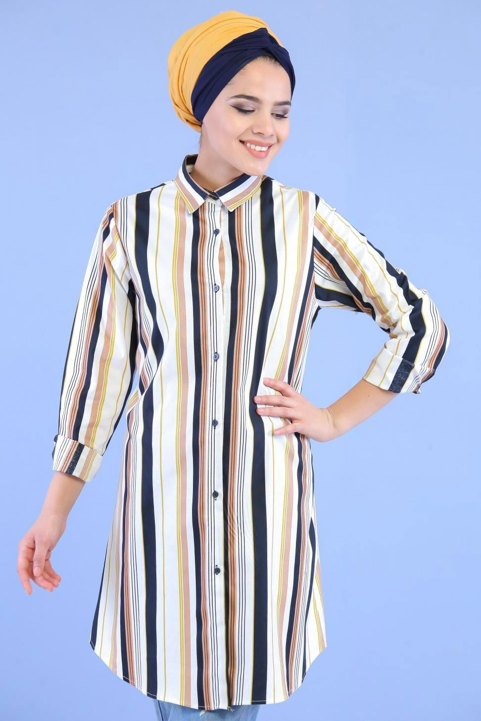 Düz Orta Kadın Siyah Çizgili Tunik Siyah - 02 7057 - 7057