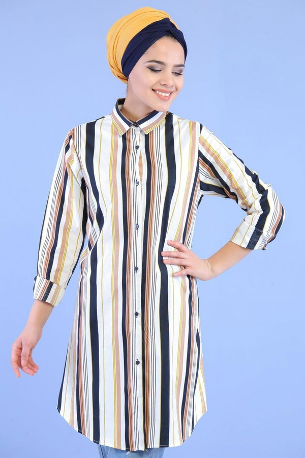 Düz Orta Kadın Siyah Çizgili Tunik Siyah - 02 7057 - 7057
