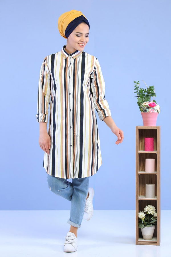 Düz Orta Kadın Siyah Çizgili Tunik Siyah - 02 7057 - 7057