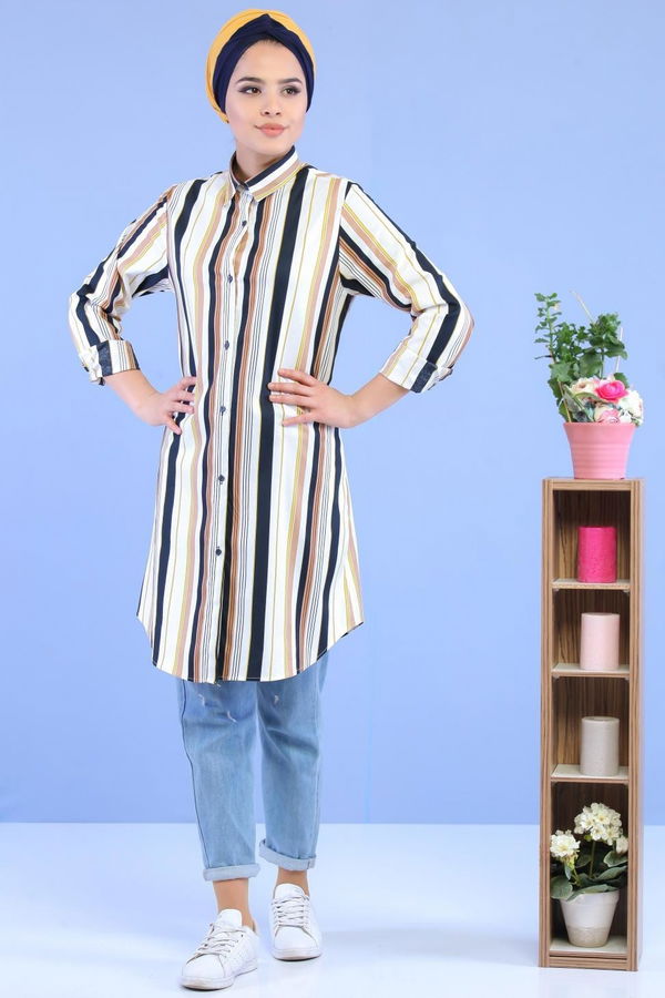 Düz Orta Kadın Siyah Çizgili Tunik Siyah - 02 7057 - 7057