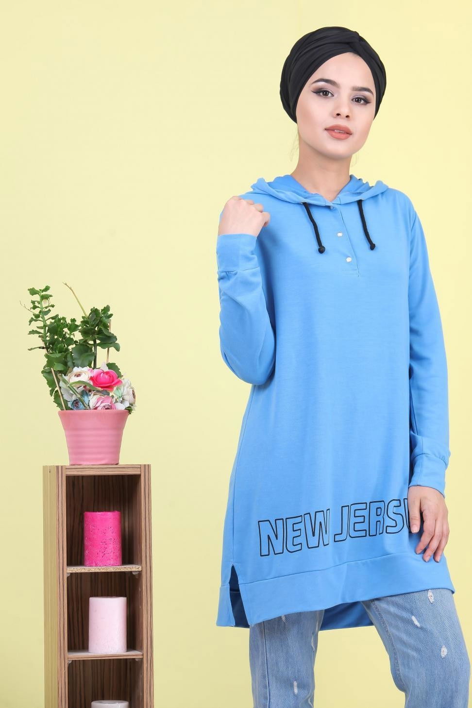 Düz Orta Kadın Mavi Baskılı Tunik Mavi - 02 1461 - 1461