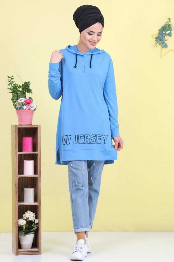 Düz Orta Kadın Mavi Baskılı Tunik Mavi - 02 1461 - 1461