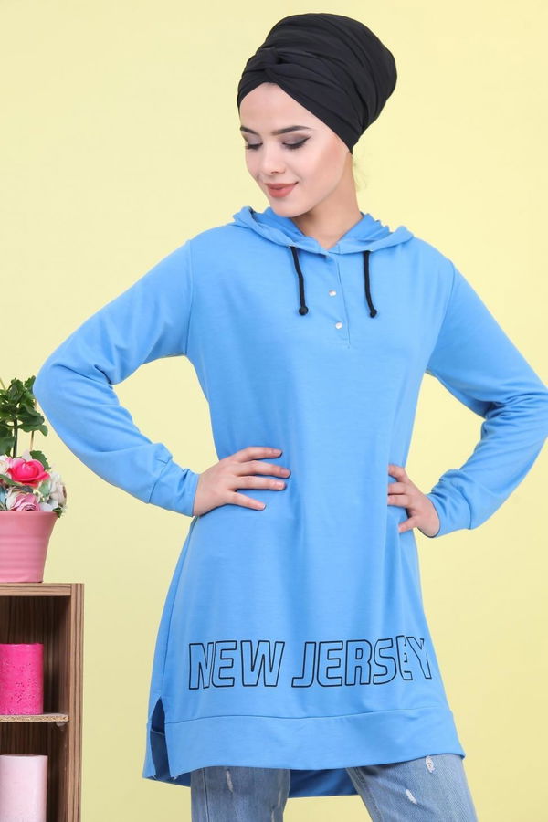 Düz Orta Kadın Mavi Baskılı Tunik Mavi - 02 1461 - 1461