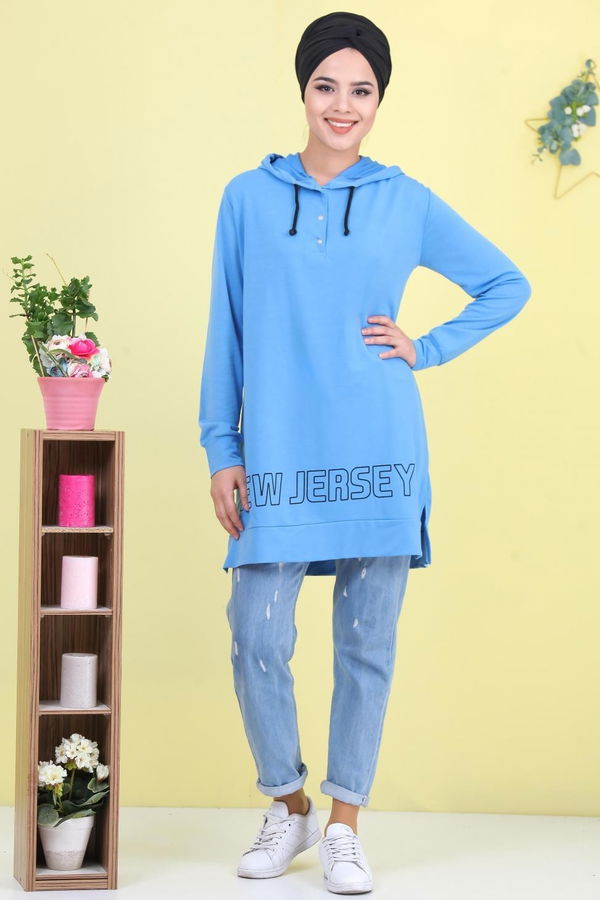 Düz Orta Kadın Mavi Baskılı Tunik Mavi - 02 1461 - 1461