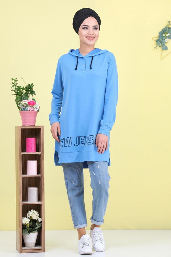 Düz Orta Kadın Mavi Baskılı Tunik Mavi - 02 1461 - 1461
