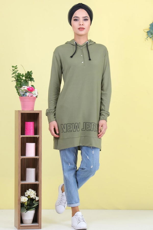 Düz Orta Kadın Yeşil Baskılı Tunik Yeşil - 02 1461 - 1461 YEŞİL