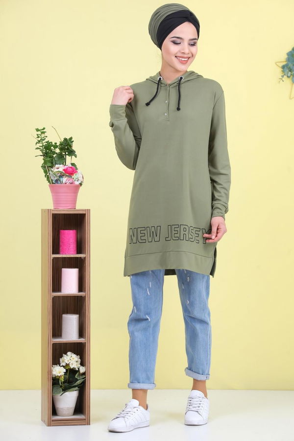 Düz Orta Kadın Yeşil Baskılı Tunik Yeşil - 02 1461 - 1461 YEŞİL