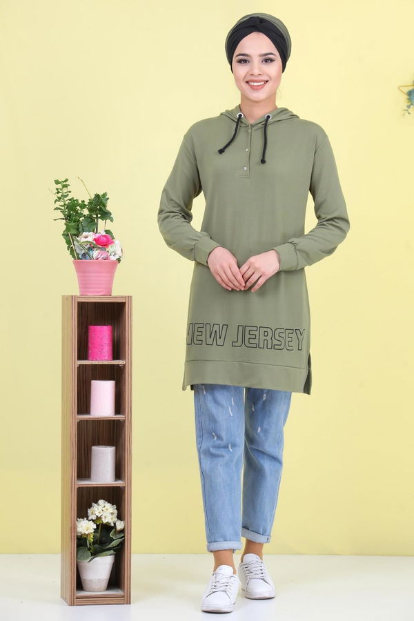 Düz Orta Kadın Yeşil Baskılı Tunik Yeşil - 02 1461 - 1461 YEŞİL