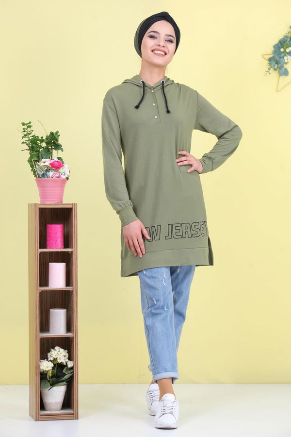 Düz Orta Kadın Yeşil Baskılı Tunik Yeşil - 02 1461 - 1461 YEŞİL