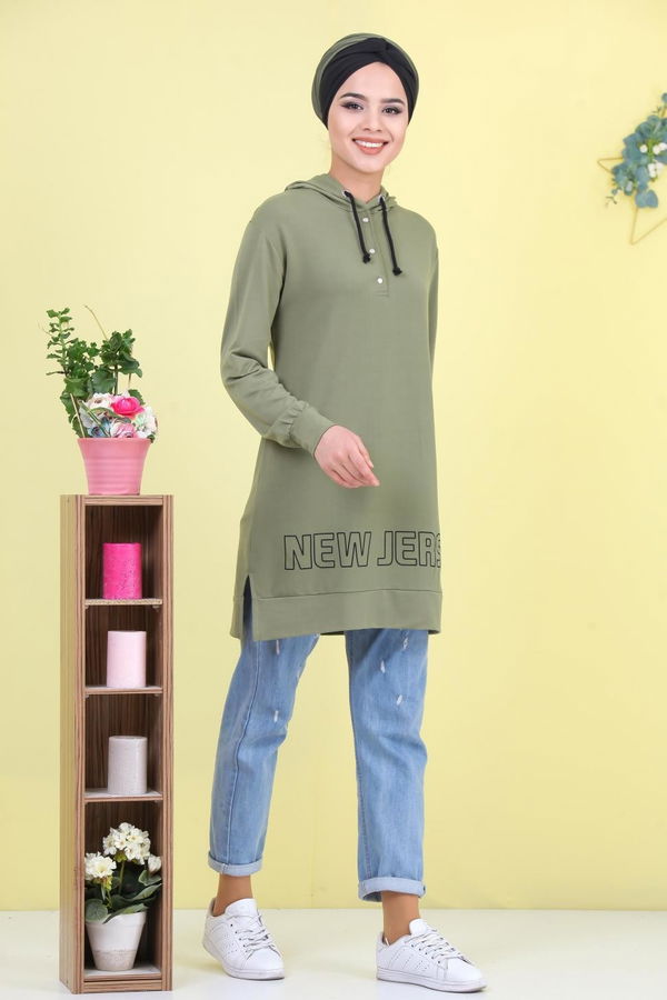 Düz Orta Kadın Yeşil Baskılı Tunik Yeşil - 02 1461 - 1461 YEŞİL