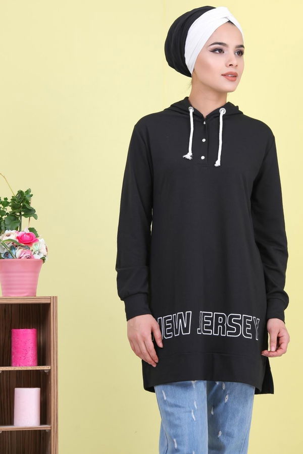 Düz Orta Kadın Siyah Baskılı Tunik Siyah - 02 1461 - 1461