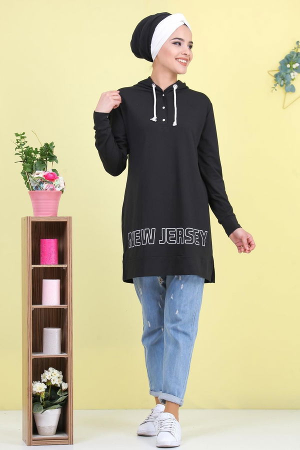 Düz Orta Kadın Siyah Baskılı Tunik Siyah - 02 1461 - 1461