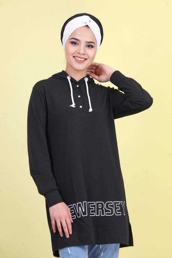 Düz Orta Kadın Siyah Baskılı Tunik Siyah - 02 1461 - 1461