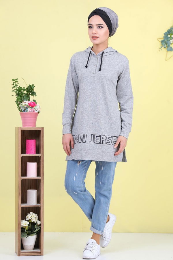 Düz Orta Kadın Gri Baskılı Tunik Gri - 02 1461 - 1461 GRİ