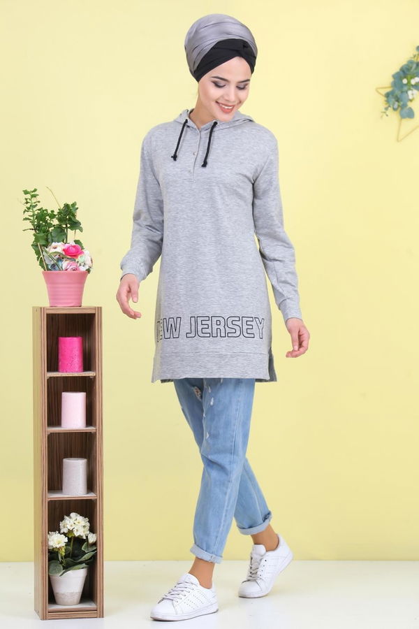 Düz Orta Kadın Gri Baskılı Tunik Gri - 02 1461 - 1461 GRİ