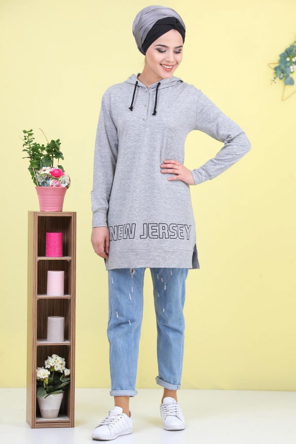 Düz Orta Kadın Gri Baskılı Tunik Gri - 02 1461 - 1461 GRİ