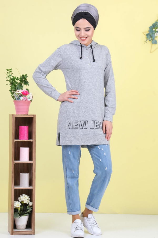 Düz Orta Kadın Gri Baskılı Tunik Gri - 02 1461 - 1461 GRİ