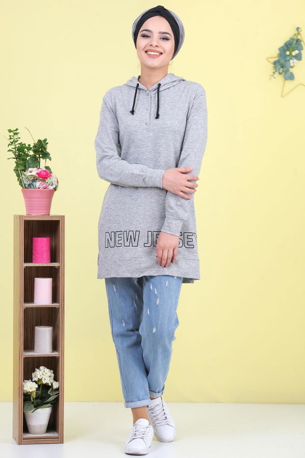 Düz Orta Kadın Gri Baskılı Tunik Gri - 02 1461 - 1461 GRİ