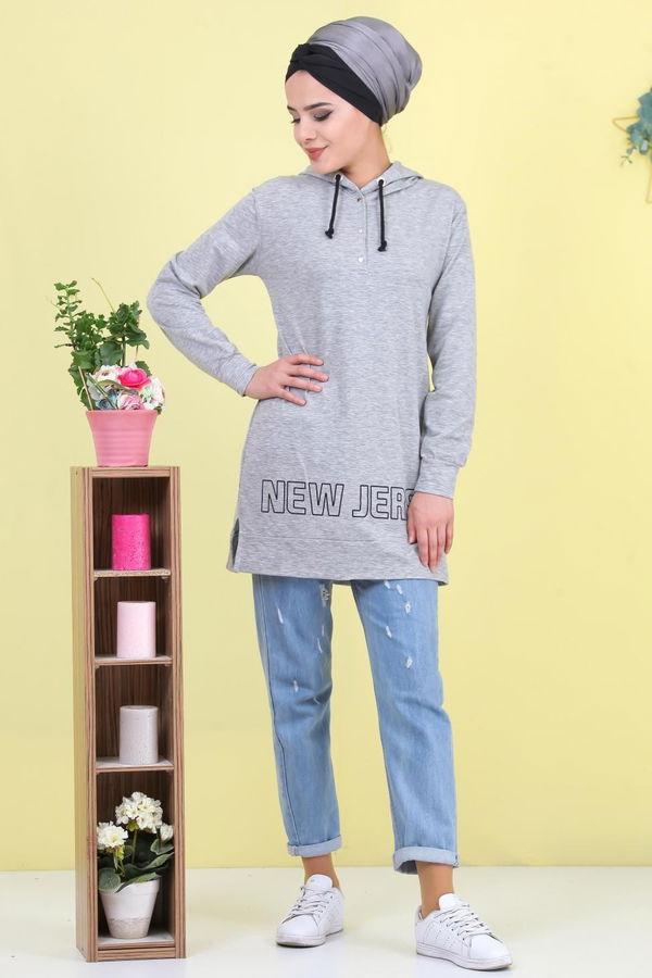 Düz Orta Kadın Gri Baskılı Tunik Gri - 02 1461 - 1461 GRİ