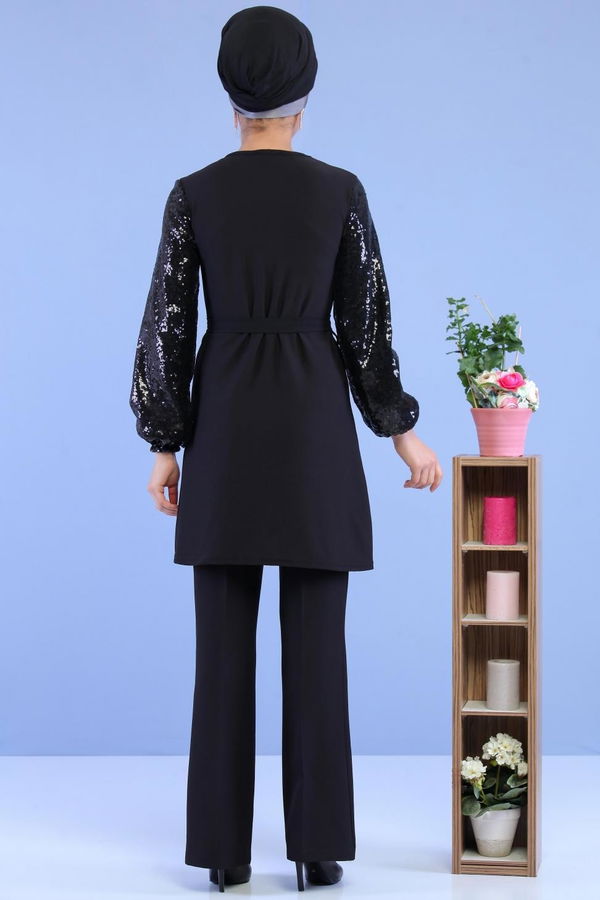 Düz Orta Kadın Siyah Kolu Pullu Tunik Siyah - 02 7063 - 7063