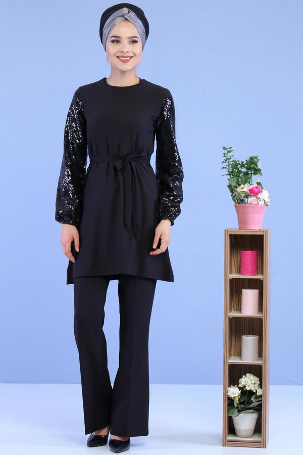 Düz Orta Kadın Siyah Kolu Pullu Tunik Siyah - 02 7063 - 7063