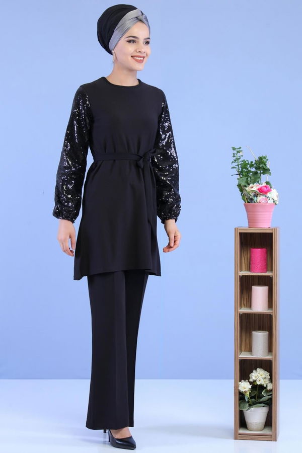 Düz Orta Kadın Siyah Kolu Pullu Tunik Siyah - 02 7063 - 7063
