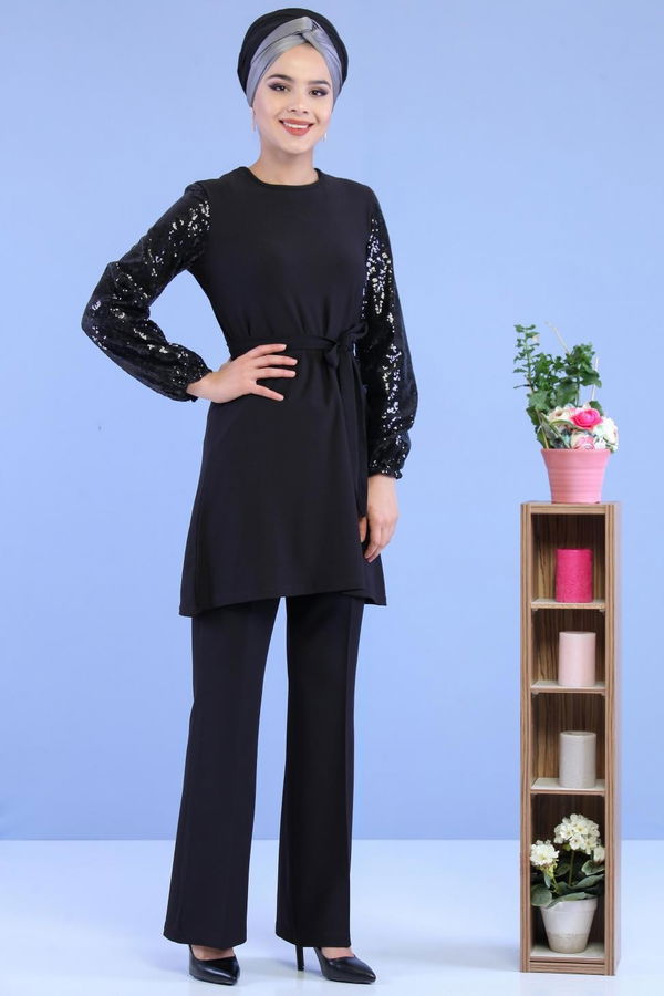 Düz Orta Kadın Siyah Kolu Pullu Tunik Siyah - 02 7063 - 7063