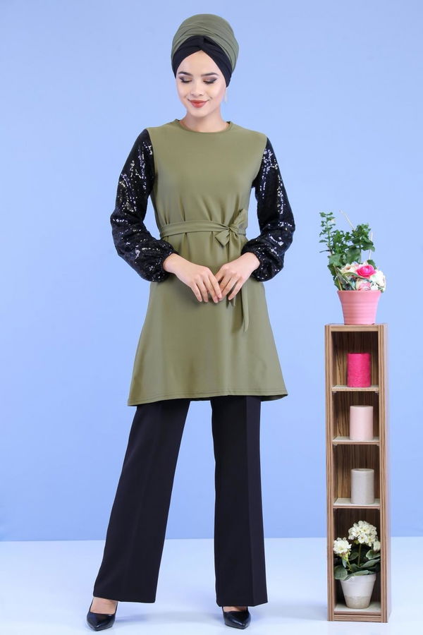 Düz Orta Kadın Haki Kolu Pullu Tunik Haki - 02 7063 - 7063