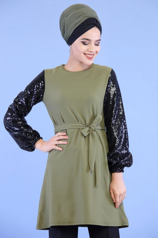 Düz Orta Kadın Haki Kolu Pullu Tunik Haki - 02 7063 - 7063