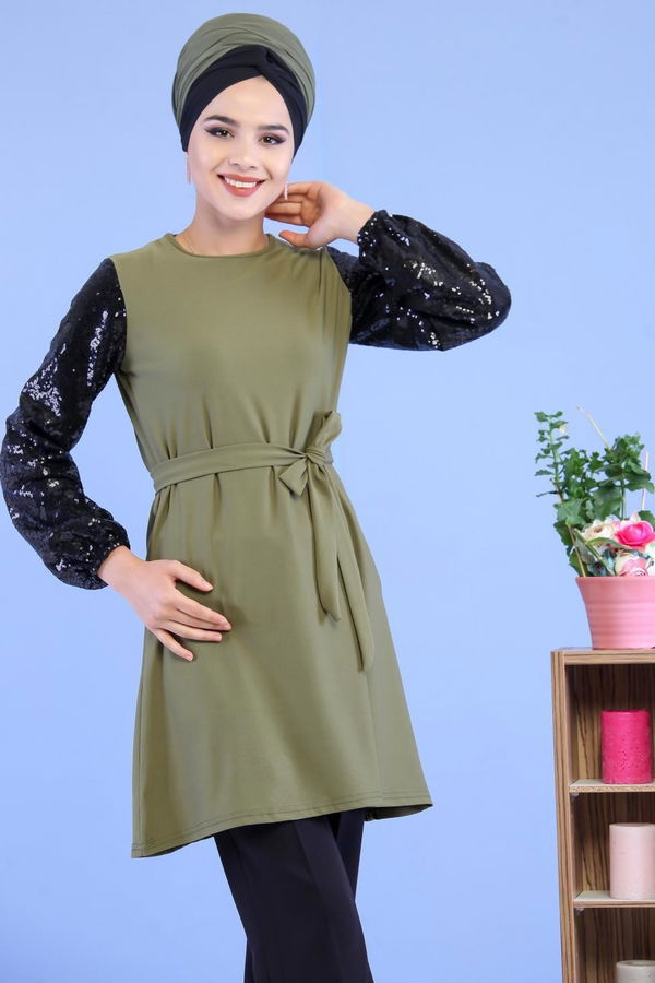 Düz Orta Kadın Haki Kolu Pullu Tunik Haki - 02 7063 - 7063
