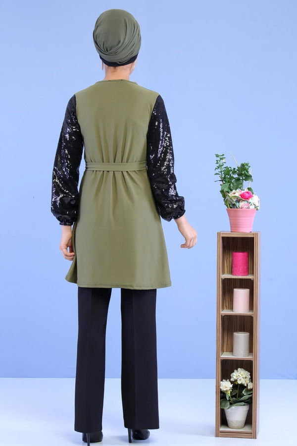 Düz Orta Kadın Haki Kolu Pullu Tunik Haki - 02 7063 - 7063