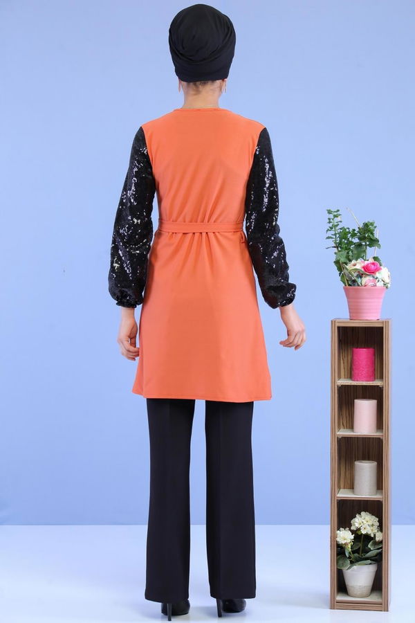 Düz Orta Kadın Taba Kolu Pullu Tunik Taba - 02 7063 - 7063 TABA