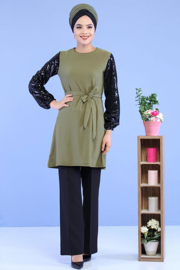 Düz Orta Kadın Haki Kolu Pullu Tunik Haki - 02 7063 - 7063