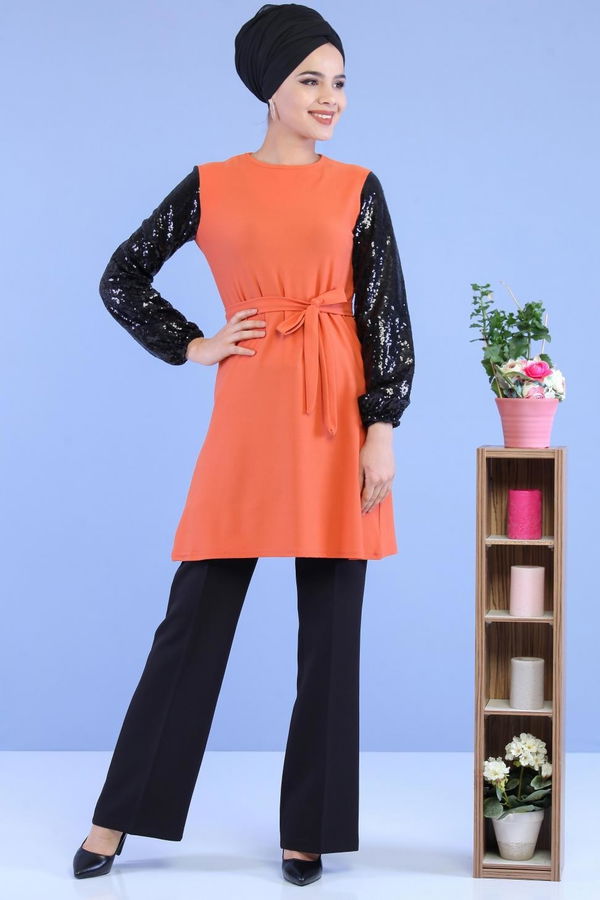 Düz Orta Kadın Taba Kolu Pullu Tunik Taba - 02 7063 - 7063 TABA