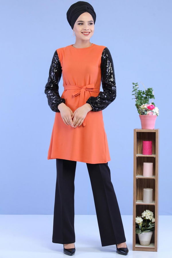 Düz Orta Kadın Taba Kolu Pullu Tunik Taba - 02 7063 - 7063 TABA