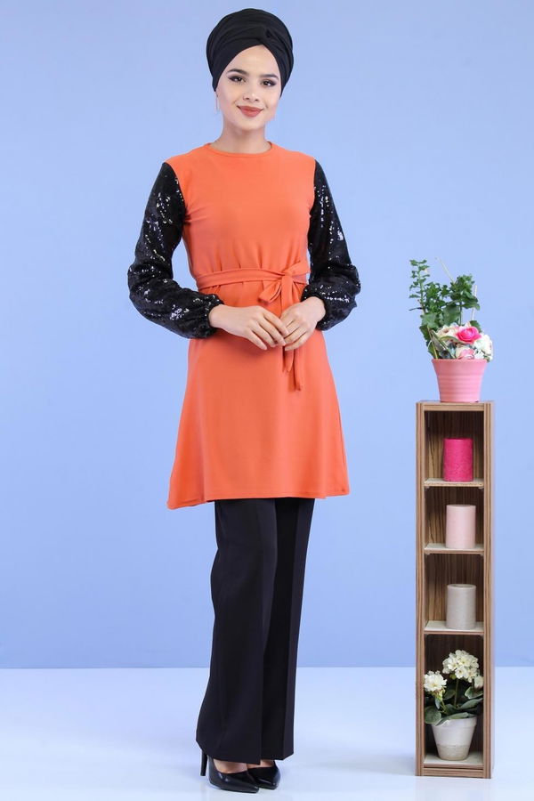 Düz Orta Kadın Taba Kolu Pullu Tunik Taba - 02 7063 - 7063 TABA