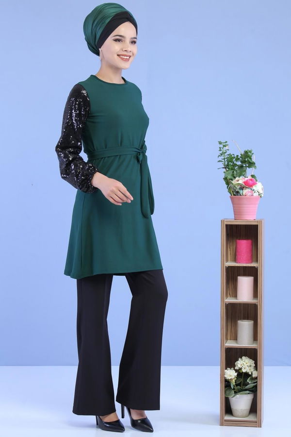 Düz Orta Kadın Yeşil Kolu Pullu Tunik Yeşil - 02 7063 - 7063