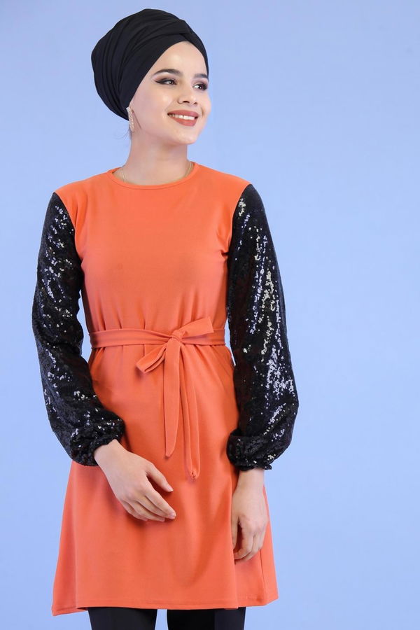 Düz Orta Kadın Taba Kolu Pullu Tunik Taba - 02 7063 - 7063 TABA